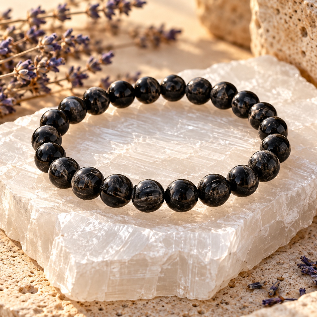 Raw Polish Black Tourmaline Psychic Shield Bracelet (8mm Spheres)